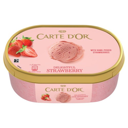 Carte D'Or lody truskawkowe w różowym opakowaniu 1 litr. Na wieczku gałka lodów i świeże truskawki.