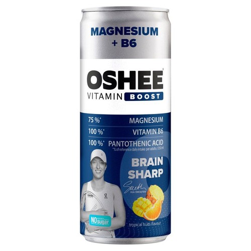 Napój OSHEE Vitamin Boost 250ml z Magnezem i B6, wspierający koncentrację, o smaku tropikalnym. Bez dodatku cukru.