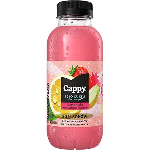 Przezroczysta butelka Cappy Lemonade o smaku cytryny i truskawki, z czarną zakrętką. Na etykiecie grafiki cytryny i truskawek. Napój zawiera 20% soków, zero dodanego cukru, naturalne aromaty i jest bez konserwantów. Pojemność 400 ml.