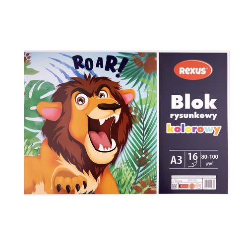 REXUS Blok rysunkowy kolorowy A3, 16 kartek, 80-100 g/m². Na okładce ryczący lew z napisem "ROAR!".