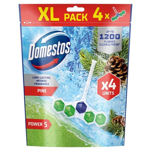 Opakowanie Domestos Power 5, kostki do WC o zapachu sosny. Zapewnia do 1200 spłukań. XL pack, 4 sztuki.
