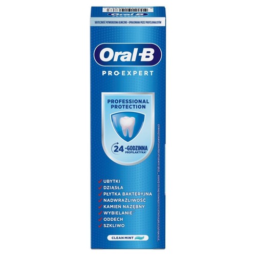 Opakowanie pasty Oral-B Pro-Expert Clean Mint. Chroni przed kamieniem, wybiela, dba o szkliwo i dziąsła.