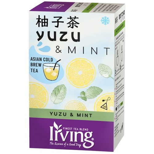 Białe opakowanie herbaty Irving Yuzu & Mint Asian Cold Brew Tea. Na pudełku grafiki plasterków yuzu, liści mięty i szklanki z herbatą. 20 torebek.