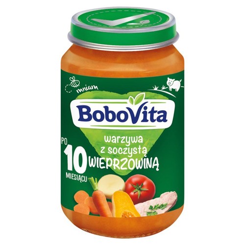 Słoiczek BoboVita z zieloną etykietą. Na etykiecie napis "warzywa z soczystą wieprzowiną" i "PO 10 MIESIĄCU". Ilustracje warzyw i mięsa.