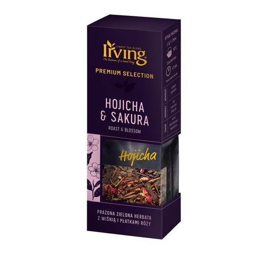 Herbata Irving Hojicha & Sakura, prażona zielona z wiśnią i płatkami róży. Fioletowe pudełko z okienkiem.
