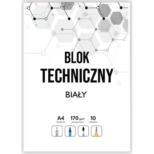 Biały blok techniczny w formacie A4, o gramaturze 170 g/m², zawierający 10 arkuszy. Na okładce widoczny jest abstrakcyjny wzór z połączonych heksagonów oraz ikony ołówka, kredki, pędzla i rakiety, sugerujące zastosowanie.