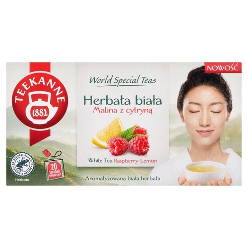 Opakowanie herbaty Teekanne, biała malina z cytryną, 20 torebek. Certyfikat Rainforest Alliance.