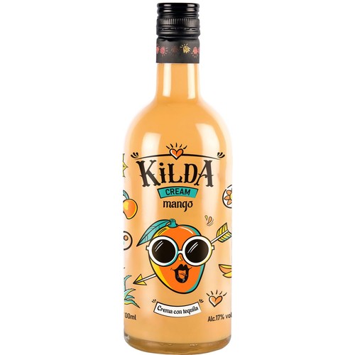 Butelka likieru Kilda Cream Mango, 700 ml, 17% alkoholu. Na etykiecie grafika mango w okularach przeciwsłonecznych.