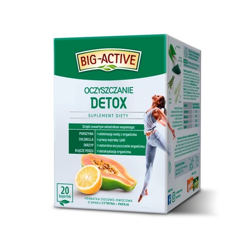 Opakowanie suplementu diety Big-Active Oczyszczanie Detox, 20 herbatek ziołowo-owocowych o smaku cytryny i papai.