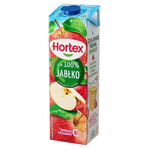 Opakowanie soku jabłkowego Hortex, 100% z polskich sadów, z niebieską zakrętką. Etykieta przedstawia soczyste czerwone jabłka, w tym jedno przekrojone. Podkreślono, że produkt jest źródłem witaminy C.