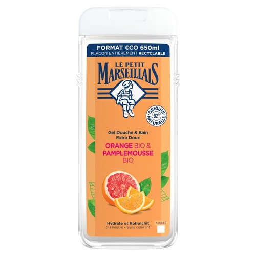 Le Petit Marseillais żel pod prysznic 650ml, pomarańcza i grejpfrut. Opakowanie recyklingowe.
