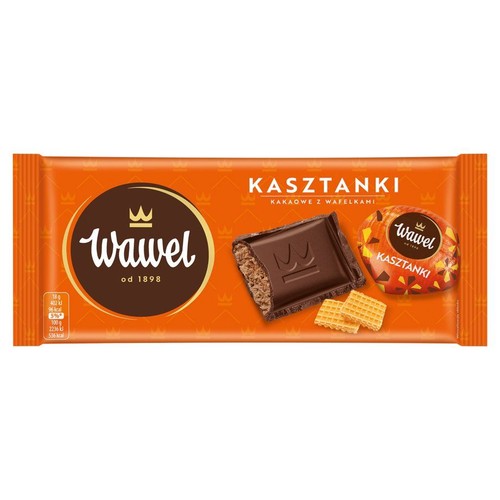 Pomarańczowe opakowanie czekolady Wawel Kasztanki, kakaowej z wafelkami. Na grafice złamana tabliczka czekolady ukazująca nadzienie waflowe, dwa małe wafle oraz cukierek Kasztanki w opakowaniu.