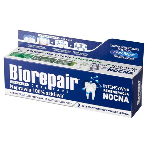 Opakowanie pasty Biorepair Advanced Oral Care. Zaawansowana formuła, 2 razy efektywniejsza w walce z erozją.