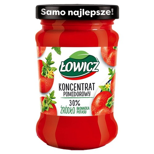 Słoik koncentratu pomidorowego Łowicz z czerwoną etykietą i grafiką pomidorów. Na czarnej zakrętce napis "Samo najlepsze!".