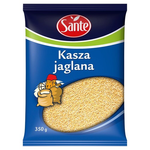 Kasza jaglana Sante w niebieskiej torebce, 350 gramów. Przezroczyste okienko ukazuje złote ziarna.