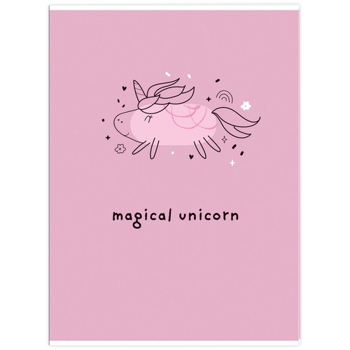 Ilustracja stylizowanego jednorożca na różowym tle z tekstem "magical unicorn".
