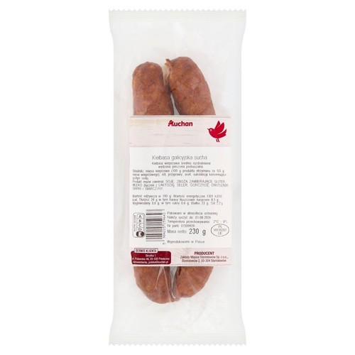 Opakowanie 230 g suchej kiełbasy galicyjskiej marki Auchan. Produkt w folii, gotowy do spożycia.