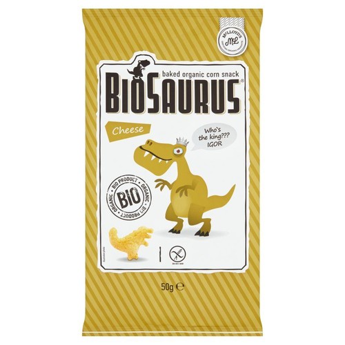 Żółte opakowanie przekąsek kukurydzianych Biosaurus, serowych, 50g. Widoczny symbol produktu organicznego i bezglutenowego.