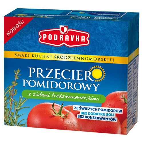Niebieskie opakowanie przecieru pomidorowego Podravka 500g. Z ziołami śródziemnomorskimi, ze świeżych pomidorów.