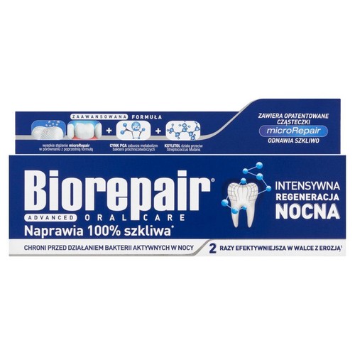 Opakowanie pasty Biorepair Advanced Oral Care. Naprawia 100% szkliwa, intensywna regeneracja nocna. Z Cynkiem PCA i ksylitolem.