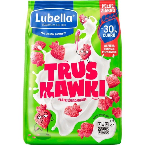 Lubella Truskawki Płatki Śniadaniowe w zielonej paczce. Produkt z pełnym ziarnem, o 30% obniżonej zawartości cukru, wspierający funkcje poznawcze. Na opakowaniu wizerunek truskawek i mleka.