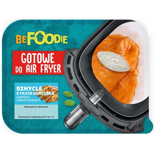 BeFoodie sznycle z fileta kurczaka w marynacie z masłem czosnkowym. Produkt gotowy do przygotowania w air fryerze.