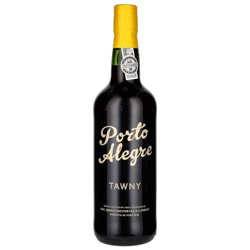 Produkt: butelka wina Porto Alegre Tawny. Ciemne szkło, żółta folia na szyjce. Etykieta zawiera złote, stylizowane napisy "Porto Alegre" i "TAWNY". Wino wyprodukowane i butelkowane w Portugalii.