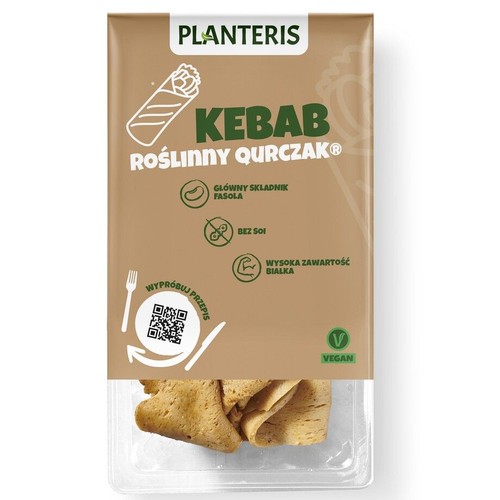 Planteris Kebab Roślinny Qurczak, wegański produkt z fasoli, bez soi. Na opakowaniu grafika kebaba i kod QR do przepisów.