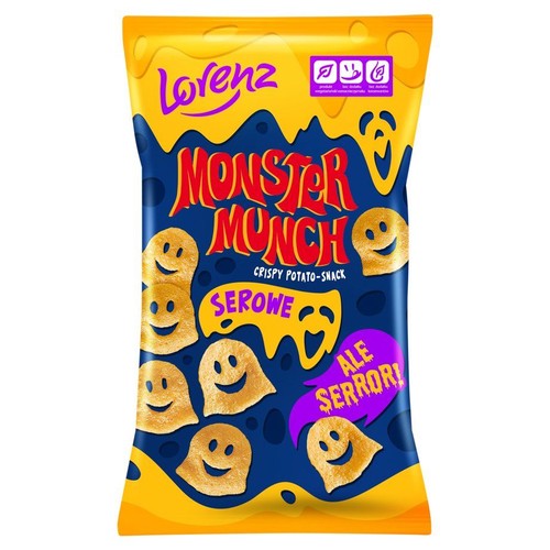 Opakowanie Lorenz Monster Munch Serowe, chrupiące chipsy ziemniaczane w kształcie duszków. Bez konserwantów i sztucznych barwników.