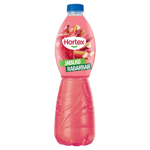 Napój Hortex Jabłko Rabarbar w butelce. Na etykiecie widoczne jabłko i rabarbar. Niebieska nakrętka.