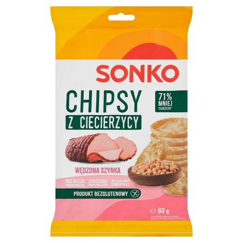 Sonko Chipsy z Ciecierzycy o smaku wędzonej szynki, 60 g. Opakowanie przedstawia plasterki szynki, miseczkę ciecierzycy i chrupiące chipsy. Produkt bezglutenowy, zroszony mikrofalowo, 71% mniej tłuszczu.