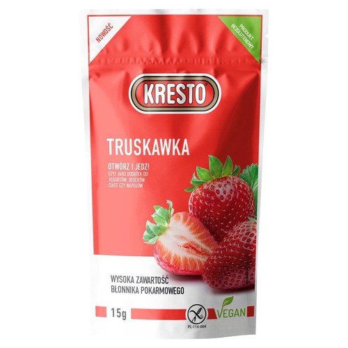 Czerwona saszetka Kresto Truskawka, 15g. Nowość, produkt bezglutenowy i wegański. Zawiera wysoką zawartość błonnika pokarmowego. Idealny dodatek do jogurtów, deserów, ciast i napojów. Na opakowaniu truskawki.