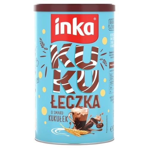 Produkt Inka Kuku Łeczka w cylindrycznej, niebieskiej puszce z brązową pokrywką. Na etykiecie znajduje się duży, ozdobny napis "KUKU ŁECZKA" oraz ilustracja sugerująca sposób podania: filiżanka z napojem i zbożem.