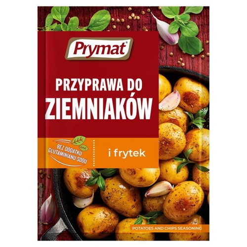 Czerwone opakowanie przyprawy Prymat do ziemniaków. Widoczne pieczone ziemniaki, czosnek i zioła na grafice.