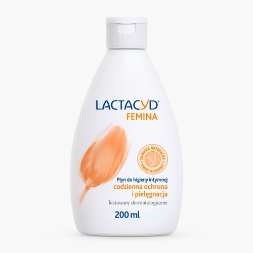 Biała butelka Lactacyd Femina, płyn do higieny intymnej. Zawiera naturalny kwas mlekowy. 200 ml.