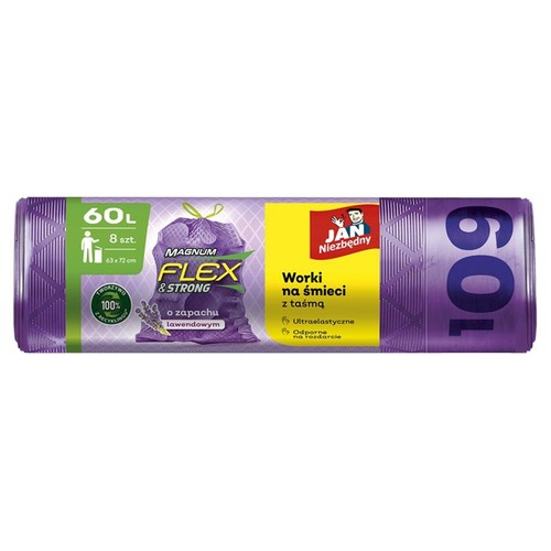Fioletowe worki na śmieci Jan Niezbędny Magnum Flex & Strong, 60L, 8 sztuk, 63x72 cm, o zapachu lawendowym.