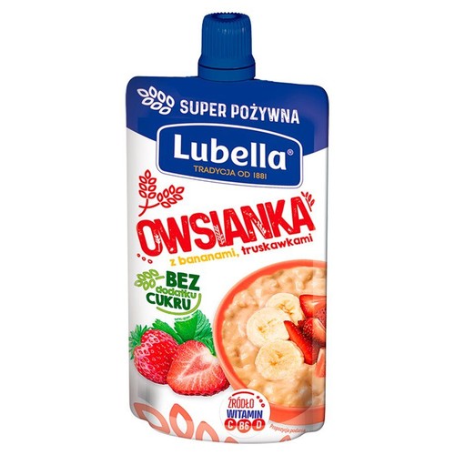 Saszetka Lubella Owsianka z bananami i truskawkami, bez dodatku cukru. Na etykiecie miska owsianki z owocami.