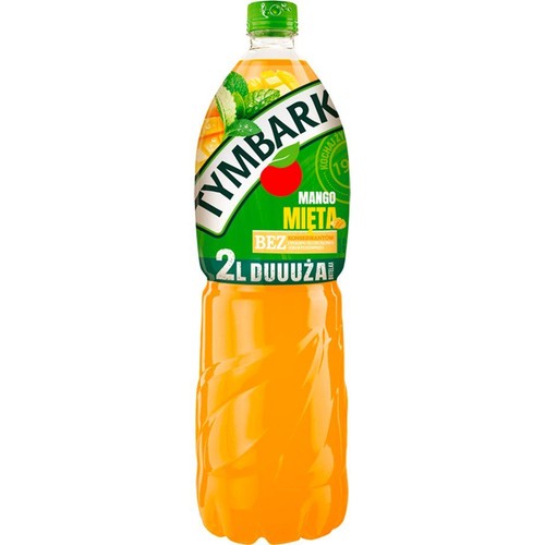 Tymbark napój Mango Mięta w przezroczystej butelce o pojemności 2 litrów. Na zielonej etykiecie grafiki mango i mięty.