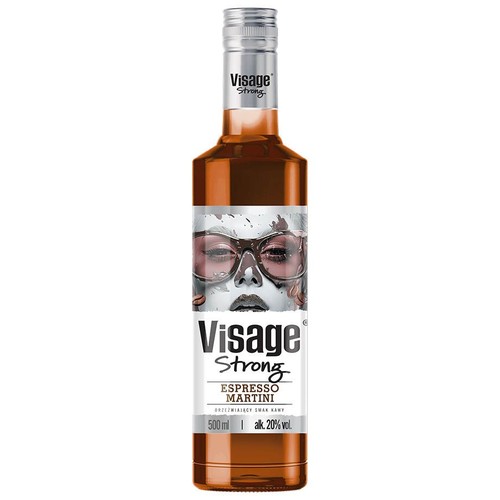 Butelka Visage Strong Espresso Martini, 500 ml, 20% alkoholu. Na etykiecie grafika twarzy w okularach przeciwsłonecznych.