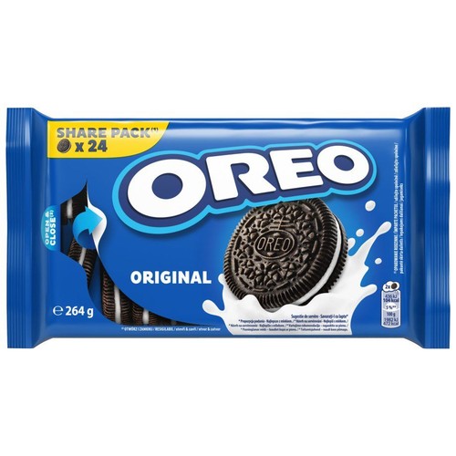 Ciastka Oreo Original w niebieskim opakowaniu 264 g. Zawiera 24 sztuki. Opakowanie z funkcją otwierania i zamykania.