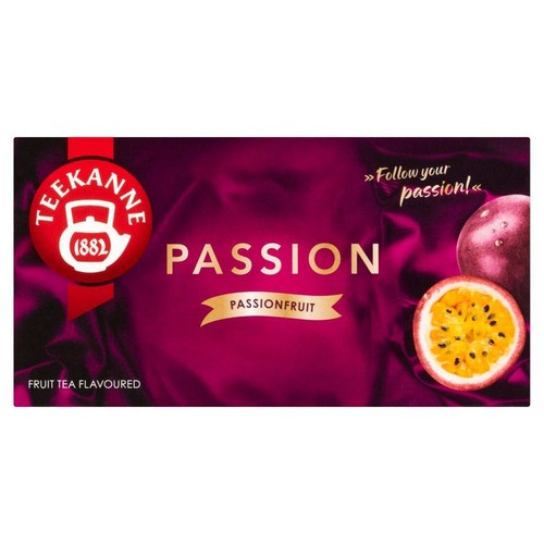 Pudełko herbaty owocowej Teekanne Passionfruit. Widoczne logo Teekanne i przekrojona marakuja.