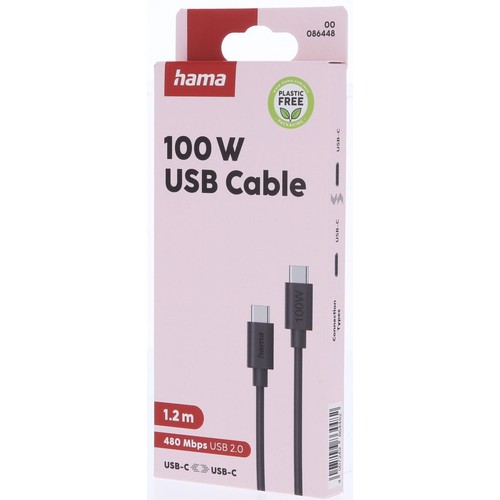 Kabel Hama USB-C 100W, 1.2 metra, 480 Mbps. Złącza USB-C. Ekologiczne opakowanie.