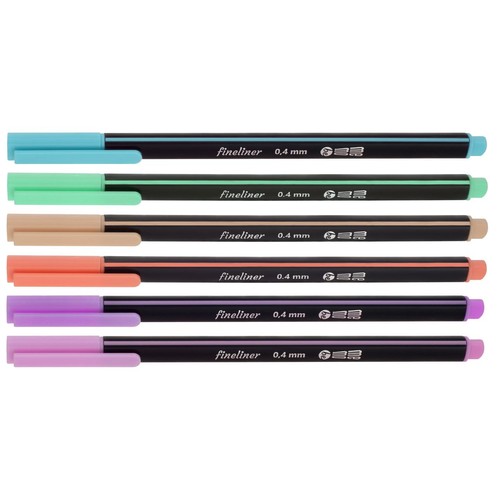 Zestaw sześciu cienkopisów fineliner 0,4 mm ułożonych poziomo. Każdy cienkopis ma czarny korpus i skuwkę w innym pastelowym kolorze: turkusowym, miętowym, beżowym, koralowym, fioletowym i różowym. Idealne do precyzyjnego pisania.