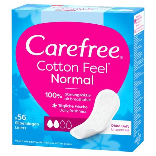 Wkładki higieniczne Carefree Cotton Feel Normal, 56 sztuk. Oddychające, bezzapachowe, dla codziennej świeżości.