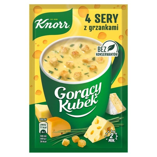 Opakowanie Knorr Gorący Kubek 4 Sery z grzankami. Na zielonym kubku żółta zupa z grzankami i szczypiorkiem. Obok sery i napis "bez konserwantów".