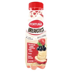 Jabłko-banan-truskawka-czarna porzeczka z płatkami owsianymi i mlekiem. Fortuna 300 ml