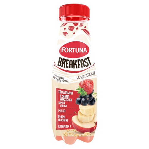 Jabłko-banan-truskawka-czarna porzeczka z płatkami owsianymi i mlekiem. Fortuna 300 ml