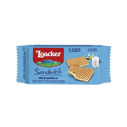 Niebieskie opakowanie wafli Loacker Sandwich Milk-Vanilla, 25g. Produkt zawiera chrupiące wafle z kremem mlecznym i waniliowym, wykonane ze 100% mleka alpejskiego. Na opakowaniu grafika wafli, mleka i wanilii.