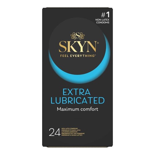 Prezerwatywy SKYN Extra Lubricated, nielateksowe, 24 sztuki. Opakowanie z napisem "Feel Everything".