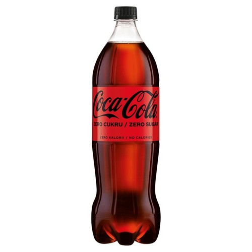 Napój Coca-Cola Zero Sugar w plastikowej butelce. Etykieta czerwona z białym logo i informacją o braku cukru i kalorii.